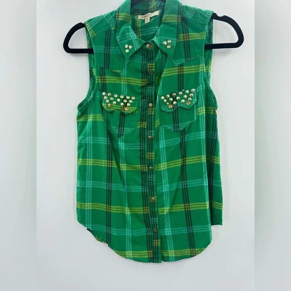 3For$20 Love Fire Green/Yellow Plaid Button Down Sleeveless Top size Small